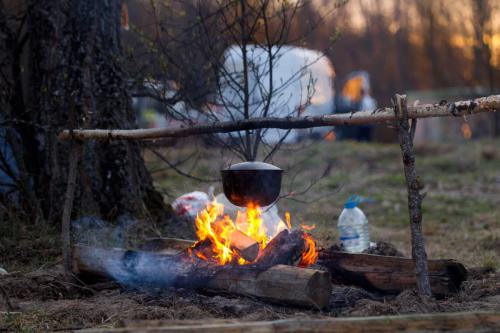 Campfire with a cooking pot
